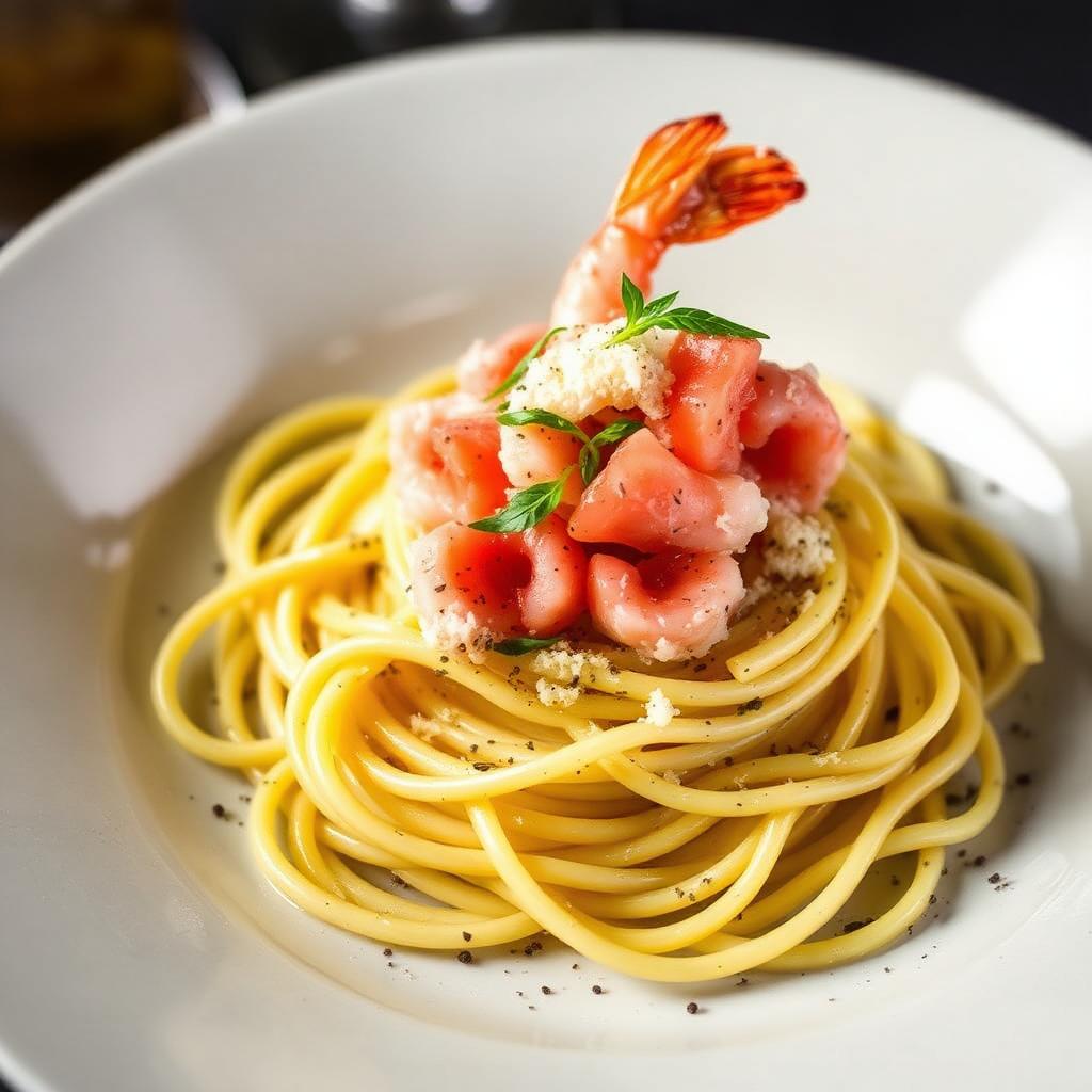 Cacio e pepe con tartare di gamberi